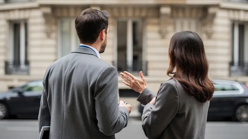 Professionnel immobilier et client observant la façade d'un immeuble parisien