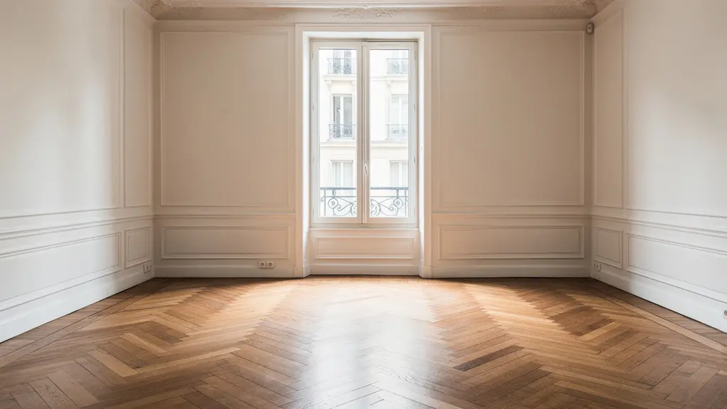 Intérieur lumineux d'un appartement parisien avec parquet ancien et moulures