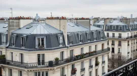 Vue panoramique sur les toits en zinc parisiens et immeubles haussmanniens au petit matin