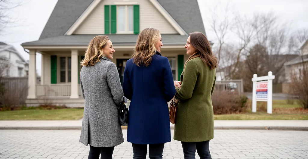 Acheteurs discutant avec un professionnel devant une propriété à vendre