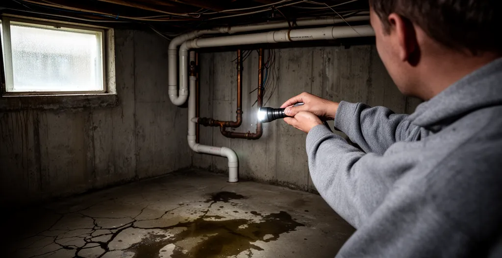 Inspection visuelle du sous-sol montrant un mur de fondation en béton
