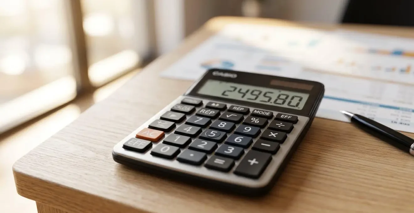 Gros plan sur une calculatrice contemporaine posée sur un bureau épuré avec des documents de prêt immobilier partiellement floutés en arrière-plan, éclairage naturel latéral