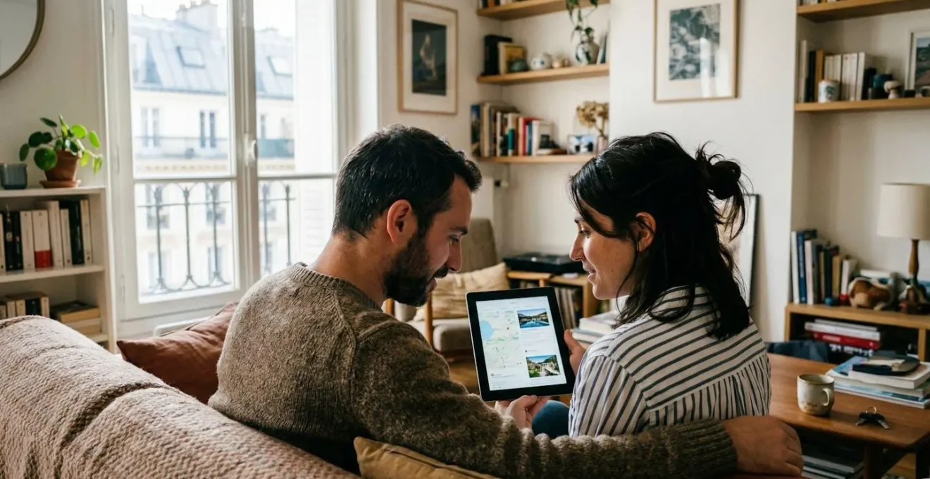 Un couple trentenaire regarde ensemble l'écran d'une tablette dans un salon contemporain baigné de lumière naturelle