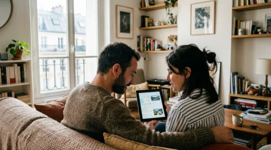 Un couple trentenaire regarde ensemble l'écran d'une tablette dans un salon contemporain baigné de lumière naturelle