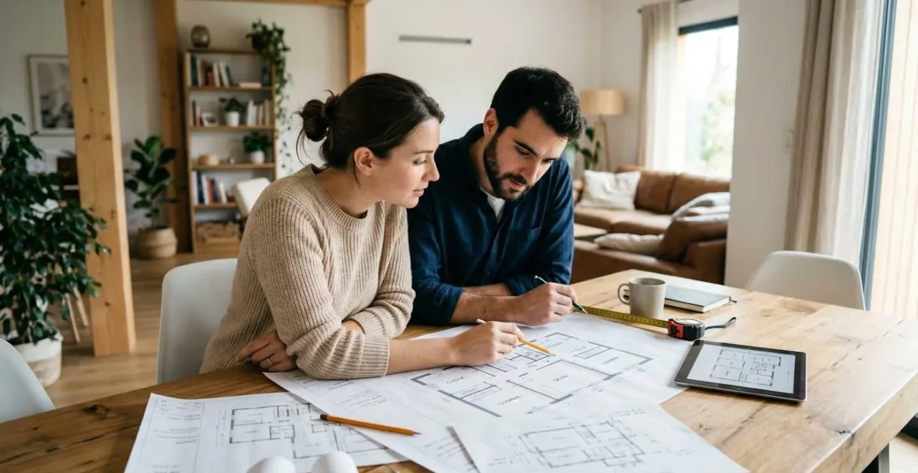 Jeune couple vu de dos penché sur des plans de maison étalés sur une table dans un intérieur contemporain lumineux, geste de pointage du doigt sur document