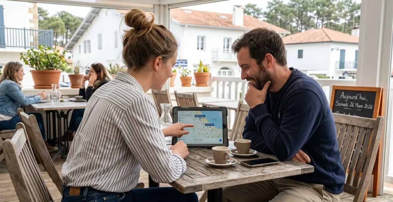 Un couple vu de profil consulte une tablette ensemble, assis à une terrasse de café lumineuse, ambiance décontractée