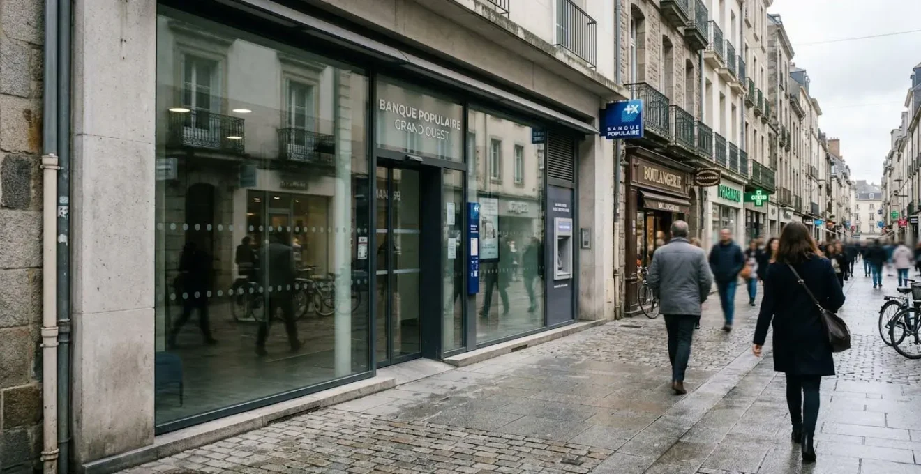 Vue extérieure d'une agence bancaire contemporaine avec façade vitrée dans une rue piétonne française, passants en arrière-plan flou