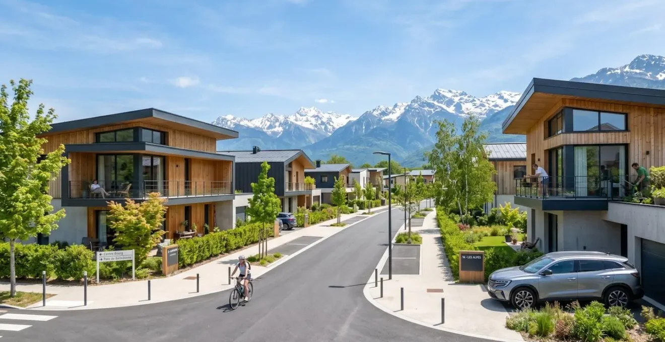 Vue d'ensemble d'un lotissement contemporain en Isère avec maisons individuelles récentes, rue calme bordée de trottoirs neufs et montagnes en arrière-plan sous ciel lumineux