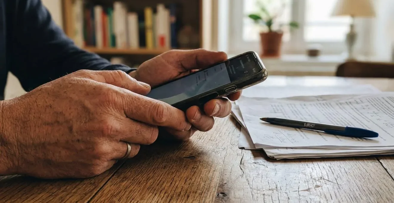 Gros plan sur des mains tenant un smartphone au-dessus d'une table en bois avec des documents papier et un stylo