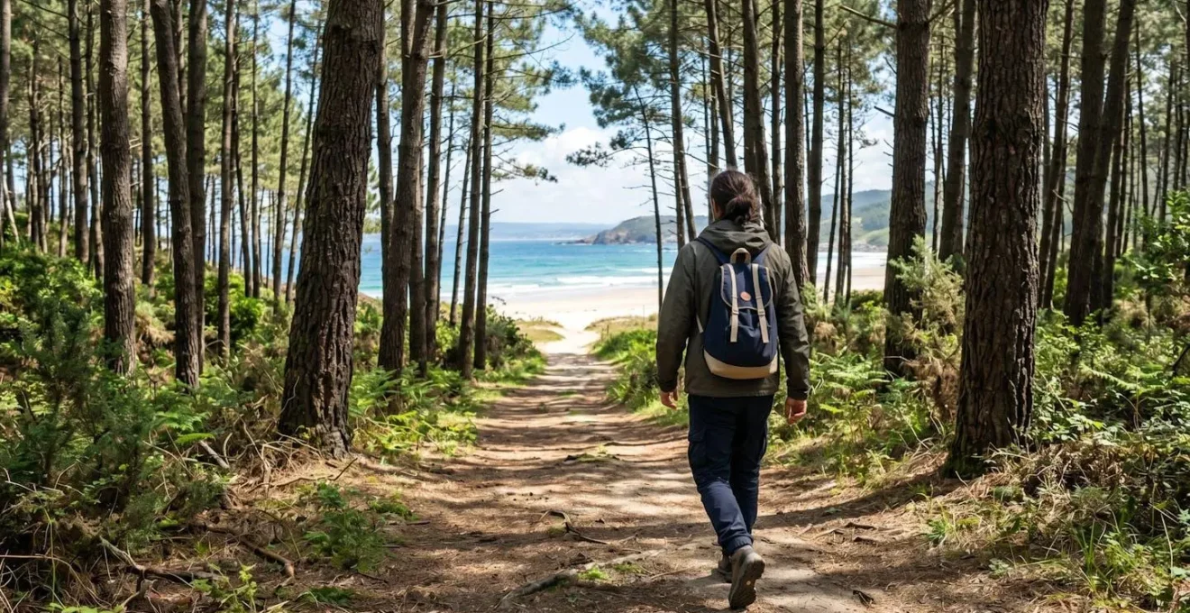 Silhouette d'une personne vue de dos marchant sur un sentier à travers une pinède landaise, portant un sac de plage et une serviette, lumière naturelle filtrée par les arbres