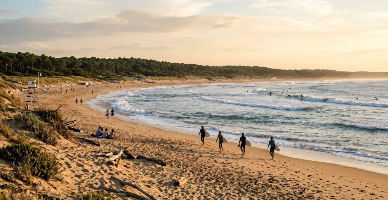 Vue large d'une plage atlantique avec plusieurs plans : le sable au premier plan, l'océan à l'horizon et la pinède en arrière-plan sous une lumière dorée de fin de journée