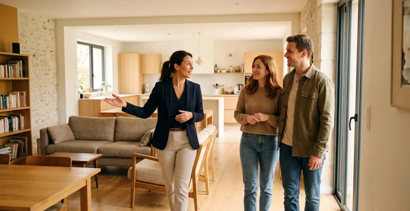 Agent immobilier accompagnant un couple lors d'une visite de maison familiale, expliquant les caractéristiques du bien