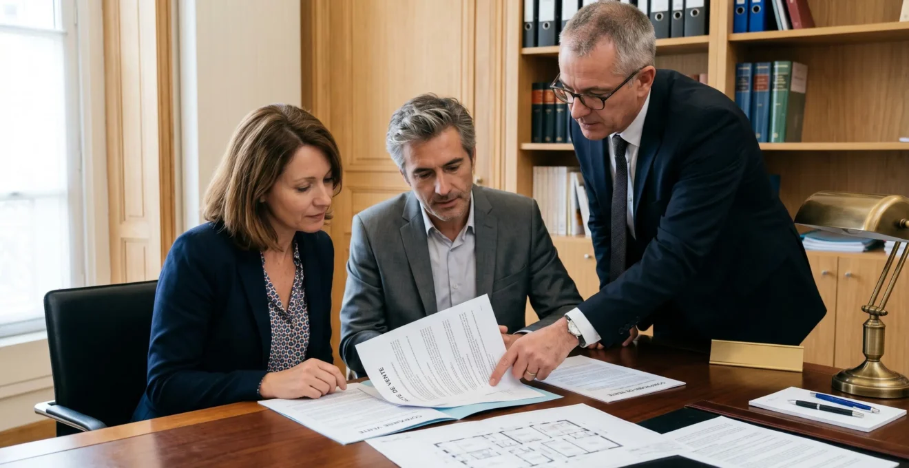 Couple signant un acte immobilier chez un notaire dans un bureau contemporain, illustrant l'étape de sécurisation juridique d'une acquisition à Port Grimaud.