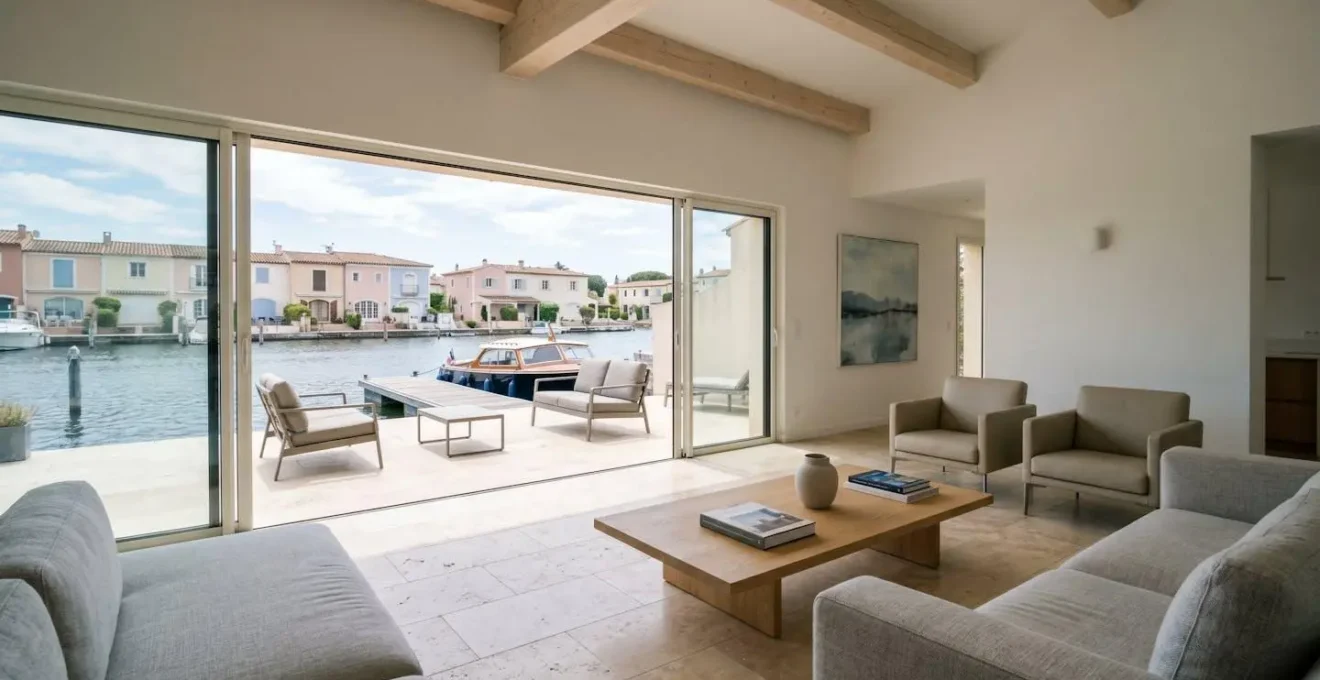 Salon lumineux d'une villa de prestige à Port Grimaud avec grandes baies vitrées ouvrant sur terrasse et canal, mobilier contemporain haut de gamme et matériaux nobles.