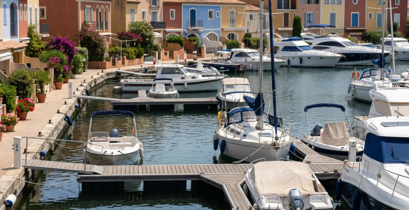 Succession de pontons privatifs le long d'un canal à Port Grimaud avec bateaux de différentes tailles amarrés, illustrant la diversité des emplacements disponibles.
