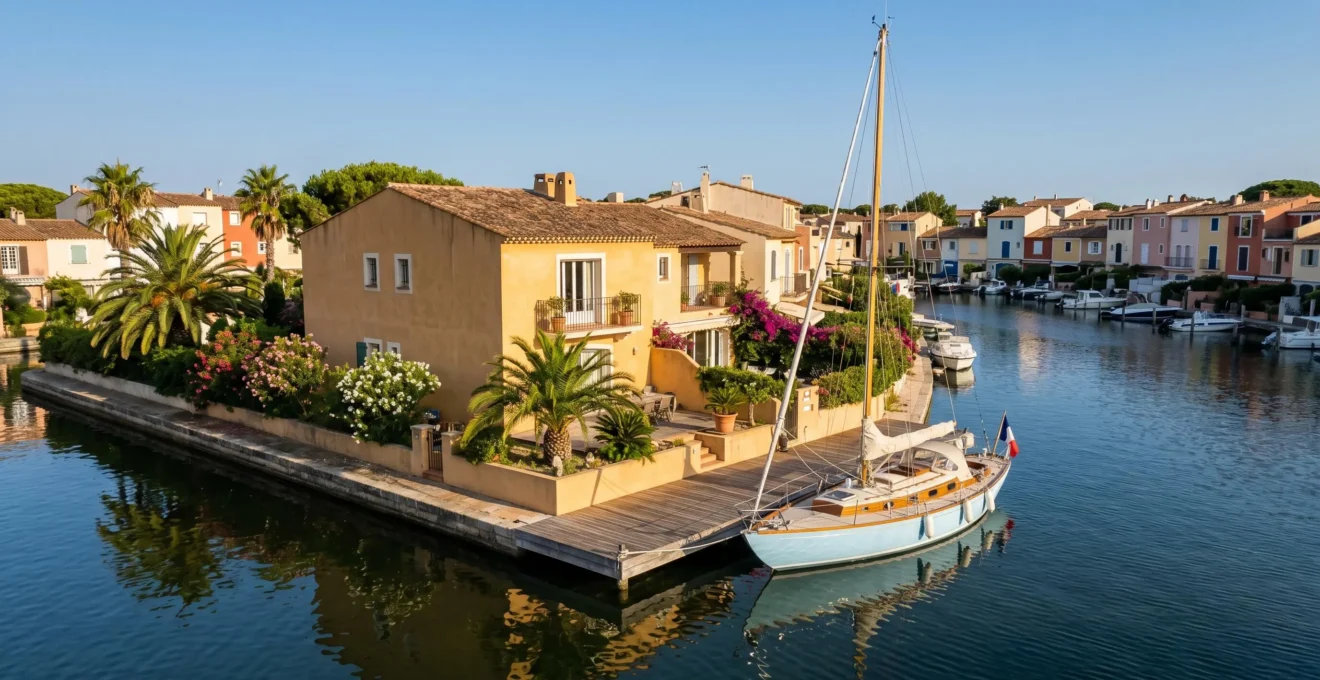 Vue aérienne d'une villa provençale de prestige à Port Grimaud en bord de canal, avec ponton privatif, bateau amarré et architecture typique de la cité lacustre méditerranéenne.