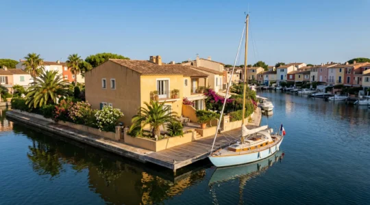 Vue aérienne d'une villa provençale de prestige à Port Grimaud en bord de canal, avec ponton privatif, bateau amarré et architecture typique de la cité lacustre méditerranéenne.
