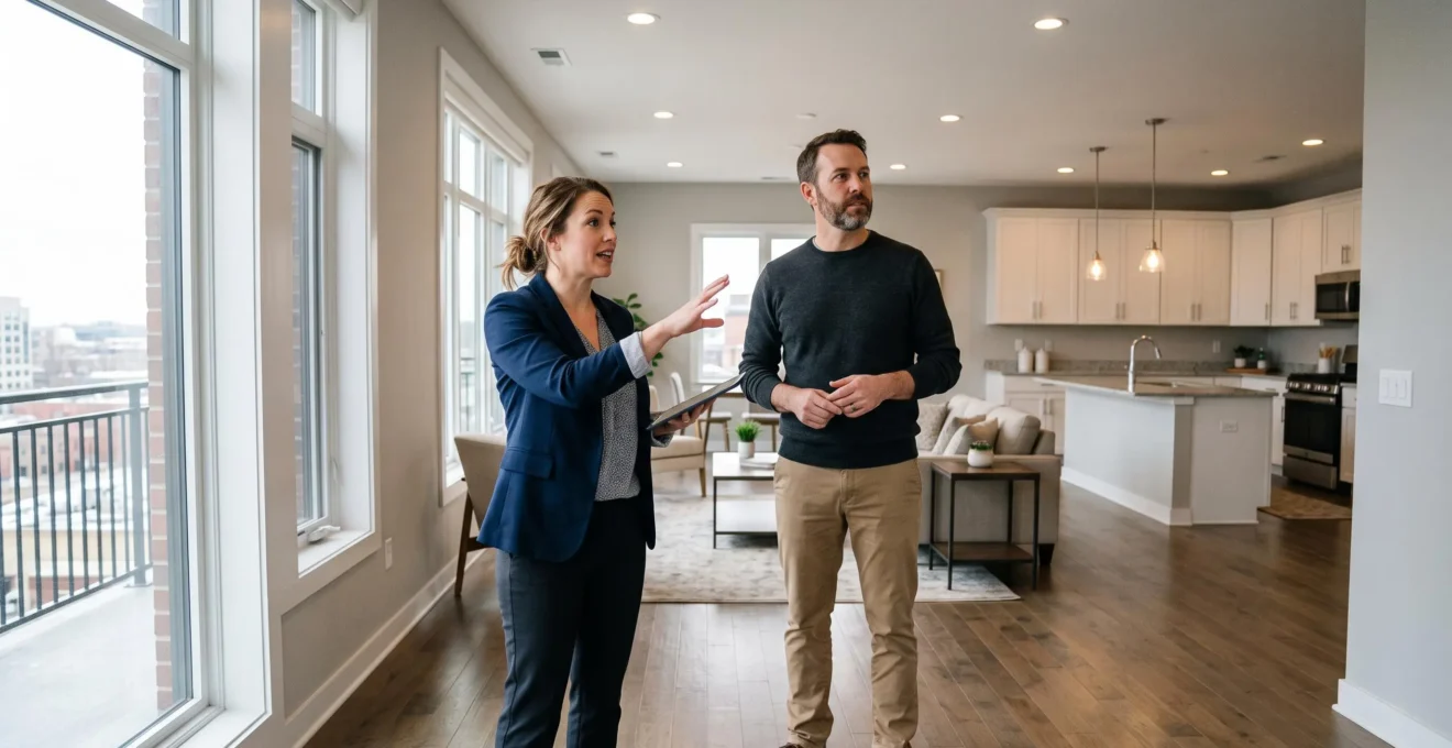 Agent immobilier présentant un bien à un client investisseur dans un intérieur de condo américain moderne.