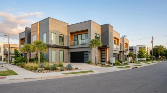 Immeuble de condos moderne à deux étages avec façade grise et blanche dans un quartier résidentiel américain avec palmiers.