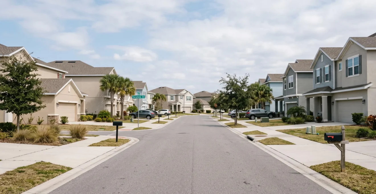 Rue résidentielle américaine bordée de maisons individuelles et townhouses dans un quartier du Sun Belt.