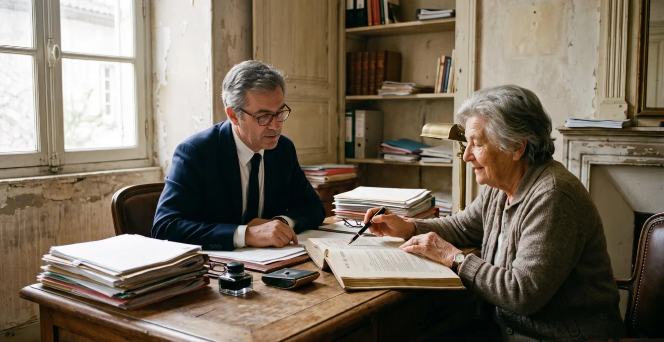 Un notaire examine avec un vendeur les documents juridiques d'une vente immobilière.