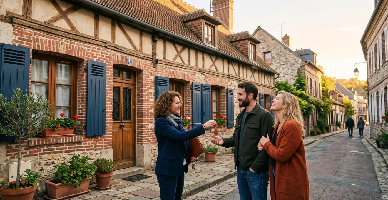 Un agent immobilier remet les clés d'une maison à un couple devant une façade normande.